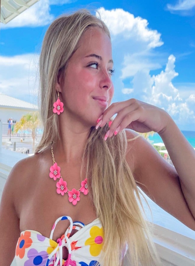Flyonce Hot Pink Flower Necklace for Women, Summer Boho Floral Choker Necklaces with Earrings Holiday Jewelry - Image 3