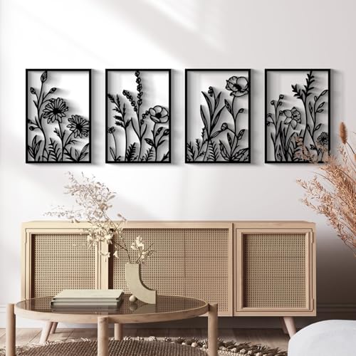Glamativity 4 Pcs Black Abstract Flowers Metal Wall Art Minimalist Floral Single Line Wall Dcor 3D Textured Sculptures Rustic Nature Wall Art Dcor for Living Room Bedroom Study L Size 225x157 - Image 1