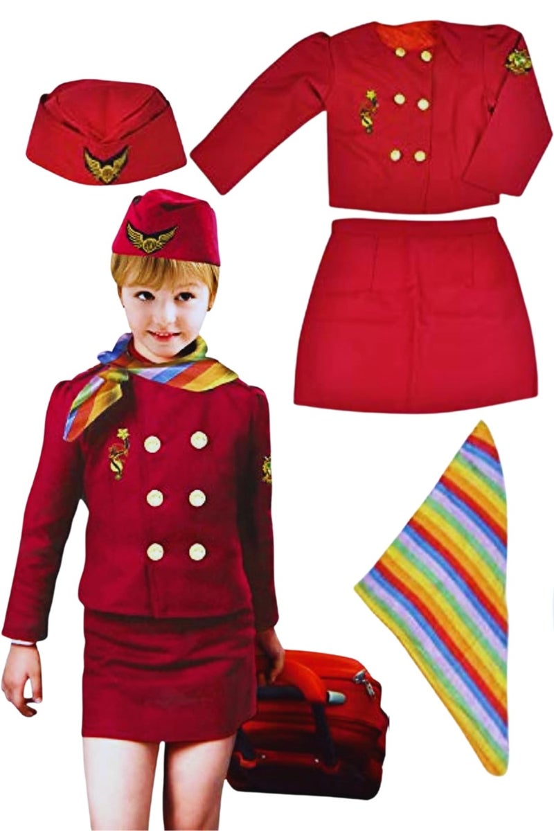 زي مضيفة طيران لطاقم الطائرة للفتيات - طقم مكون من 4 قطع لمضيفة طيران للأطفال (من سن 3 إلى 8 سنوات، مقاس 80-110 سم) - زي لعب الأدوار مع قبعة ووشاح وسترة
