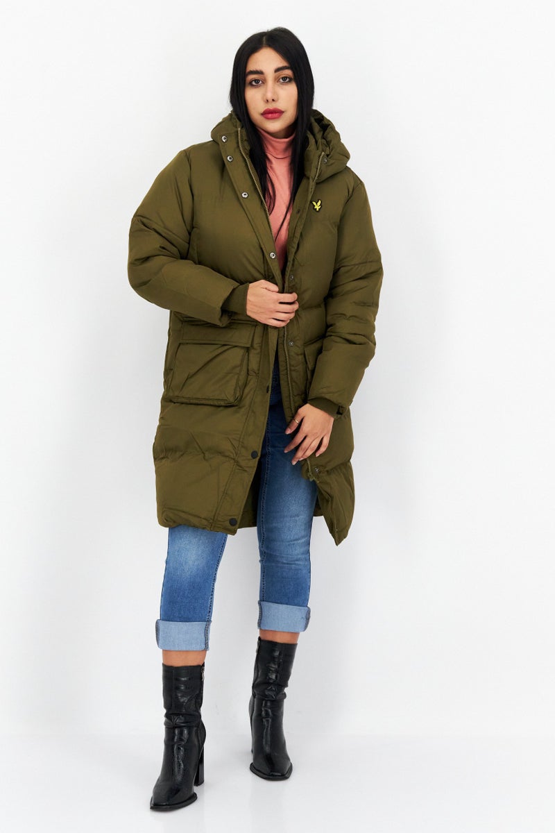 Lyle & Scott Women Hooded Embroidered Logo Puffer Jacket, Olive - Image 3