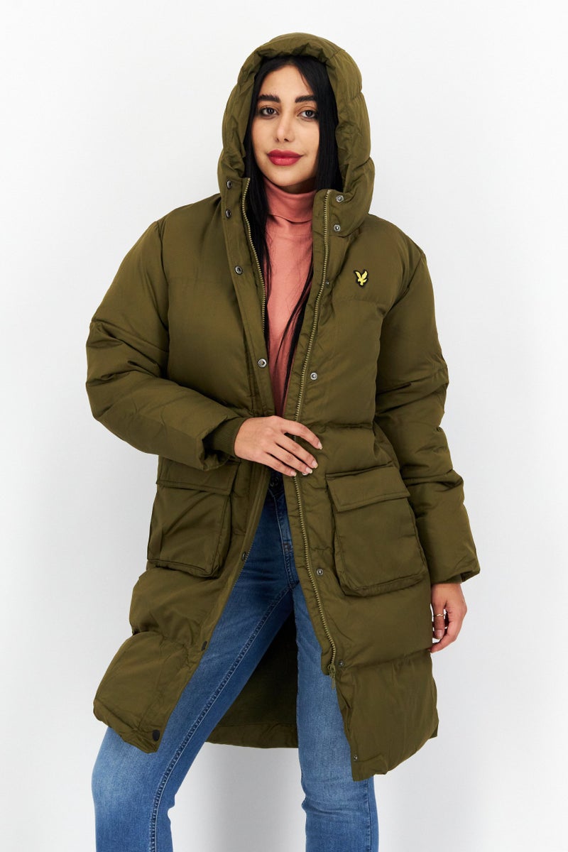 Lyle & Scott Women Hooded Embroidered Logo Puffer Jacket, Olive - Image 1