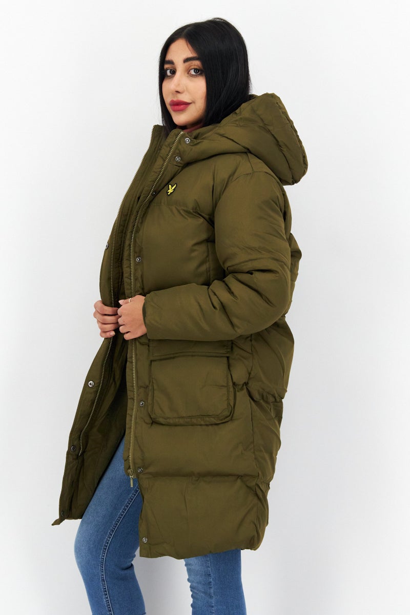 Lyle & Scott Women Hooded Embroidered Logo Puffer Jacket, Olive - Image 2
