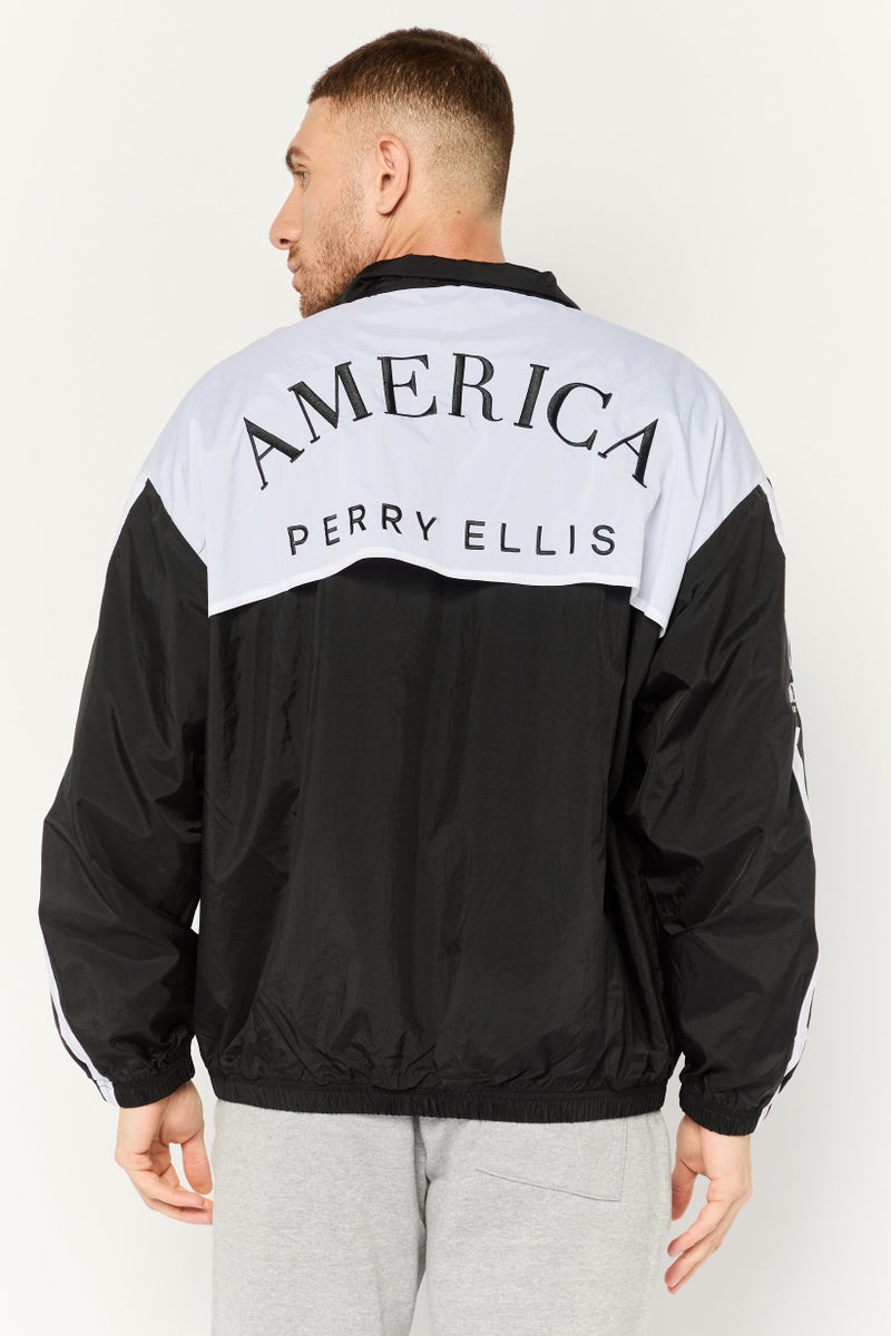 PERRY ELLIS جاكيت رياضي طويل الأكمام للرجال بشعار على الظهر، أسود - Image 4