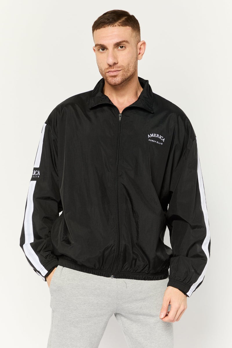 PERRY ELLIS جاكيت رياضي طويل الأكمام للرجال بشعار على الظهر، أسود - Image 1