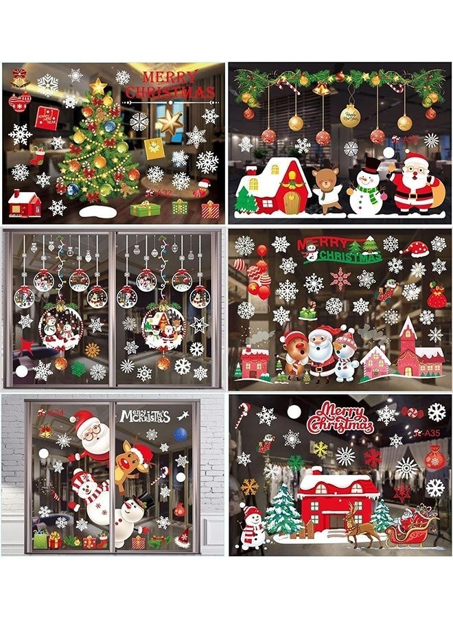 6-pcs Christmas Window Clings, Cute Christmas Decorations, Large Santa Claus Christmas Tree Decorations, Snowflake, Reindeer, Xmas Stickers Door Decor Wall Decal Winter Glass Holiday Party - Image 1