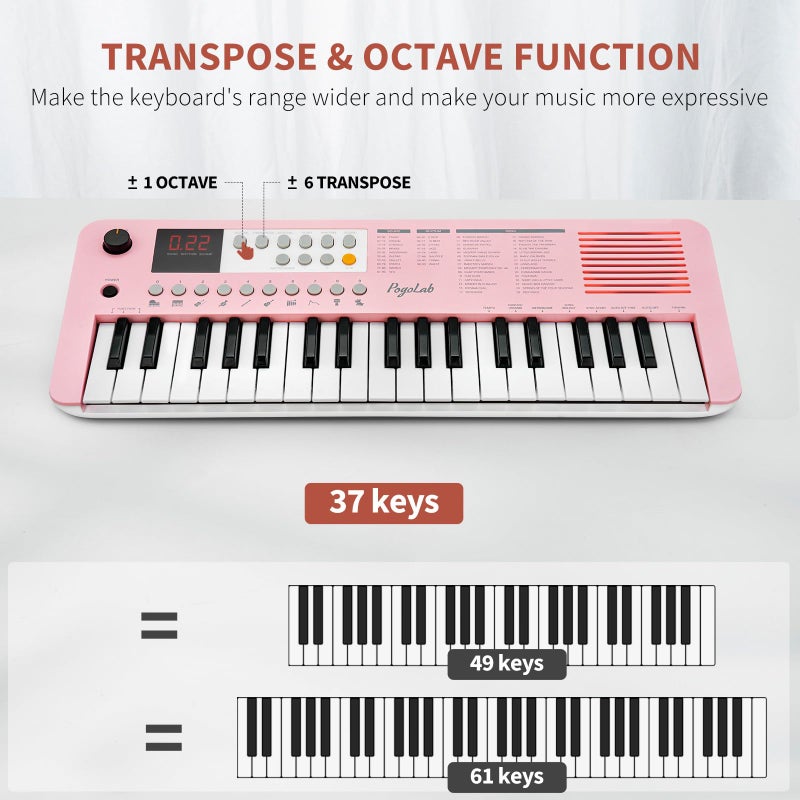 POGOLAB MK1 37 Keys Kids Keyboard Piano, Mini Portable Multi-Function Piano with Excellent Sound Quality, Built-In Speaker & LED Display, Small Electric Music Keyboard Gift for Beginners (Pink) - Image 4