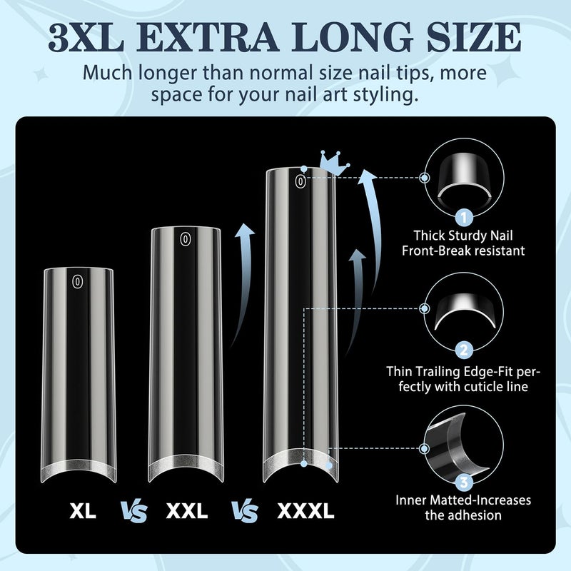 Luckyfairy 3XL No C Curve Square Acrylic Nail Tips, 120pcs Extra Long Straight Tapered Acrylic Gel Fake Nails, Matte Half Cover Clear Gelly Press on for Extension Manicure Home DIY 12 Sizes Gelly Tips - Image 3
