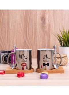 Hediye Dükkanı Gift Shop Personalized Mr Mrs Designed Double Wooden Coaster Silver Mug 
