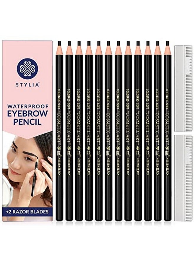 Stylia Microblading Supplies Waterproof Eyebrow Pencil 12 Piece Black Brow Mapping Pencil Set For Marking Filling And Outlining Eye Brow Liners - Image 1