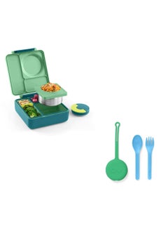 OMIE Omie Insulated Bento Lunch Box with Utensils Set - Insulated Stainless Steel Lunch Box with Leak Proof Thermos Food Jar - Two Temperature Zones for Hot & Cold Food, 1390ml - Meadow + Mint Green  - Image 1