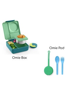 OMIE Omie Insulated Bento Lunch Box with Utensils Set - Insulated Stainless Steel Lunch Box with Leak Proof Thermos Food Jar - Two Temperature Zones for Hot & Cold Food, 1390ml - Meadow + Mint Green  - Image 2