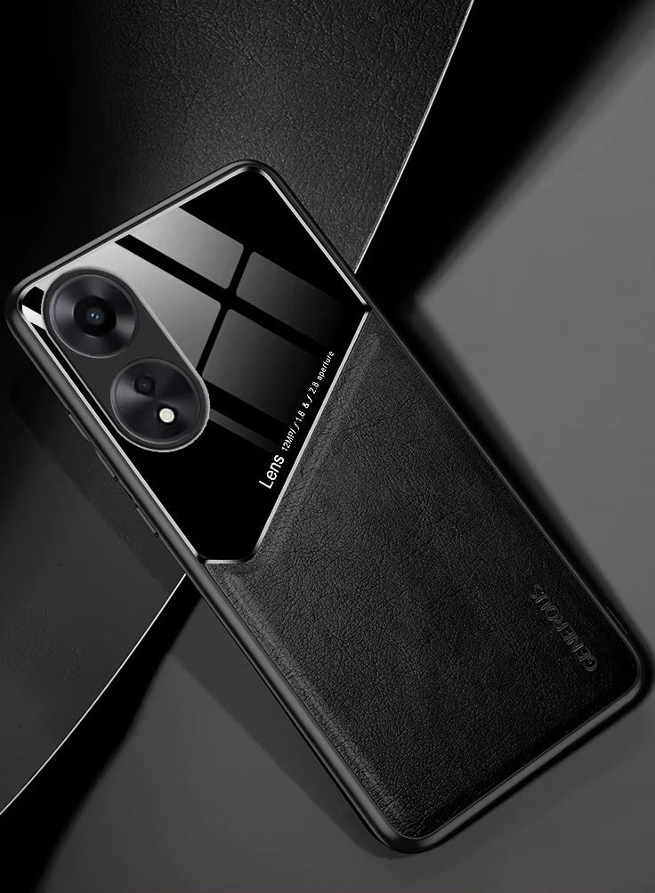 Case Compatible With Oppo A60, Cover Luxury Leather And Glass With Car Magnetic Holder Phone Cover Soft Frame Silicone - Black - Image 1