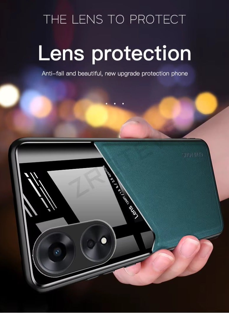 Case Compatible With Oppo A60, Cover Luxury Leather And Glass With Car Magnetic Holder Phone Cover Soft Frame Silicone - Black - Image 3