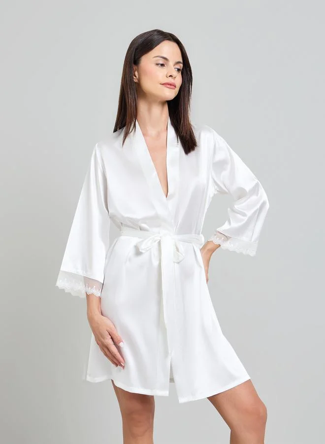 تايك تو White 3/4 Sleeve Satin Robe