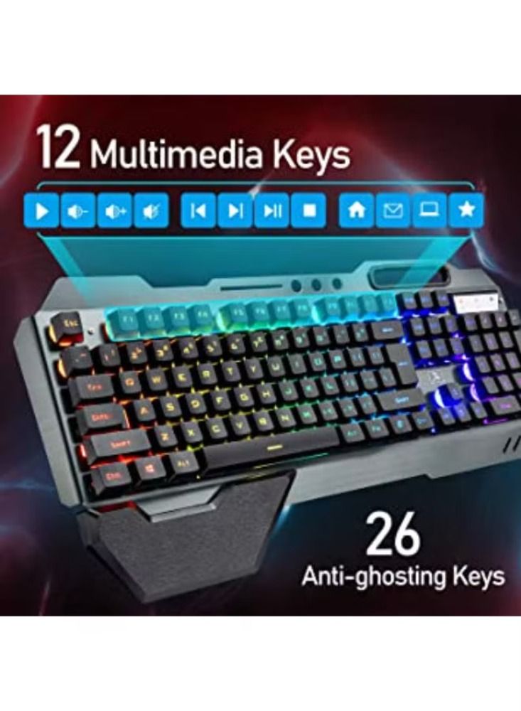 Dream Zone Gaming Keyboard Mouse with Rainbow RGB Backlit Rechargeable Battery Metal Mechanical Ergonomic Waterproof Dustproof Removable Palm Rest for Laptop PC Gamer - Image 3