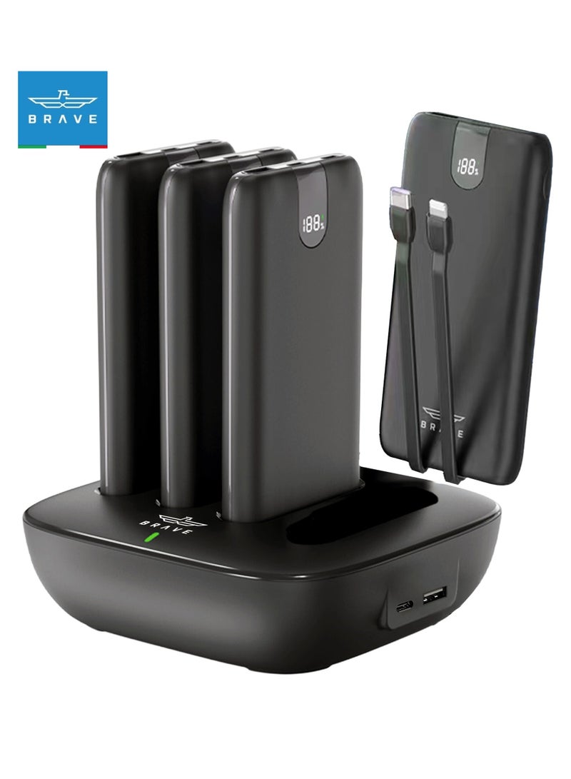 Brave 4-in-1 Portable Power Bank Station, Slim and Compact, 10,000mAh Each with Built-in 20W PD Lightning & 22.5W Type-C Cables, Dual USB-C & USB-A Outputs, LED Digital Display, PD Fast Charging for iPhone 16/16 Pro Max/Plus, 15, 14, 13, Samsung Galaxy S25, S24, S23, S22, with Common Charging Dock for Home, Cafe, Office, Hotel, Restaurant and More, Includes 45W Type-C Wall Charger - Image 1