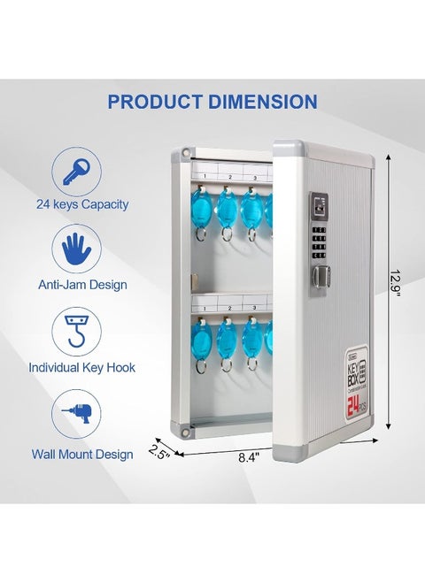 Key Organizer Lock Box with Combination Lock, Key Box Wall Mount with Code Lock and Key Tag for House Keys Outdoor Key Cabinet 8.45 * 2.55 * 13 Inch 【24 Slots】