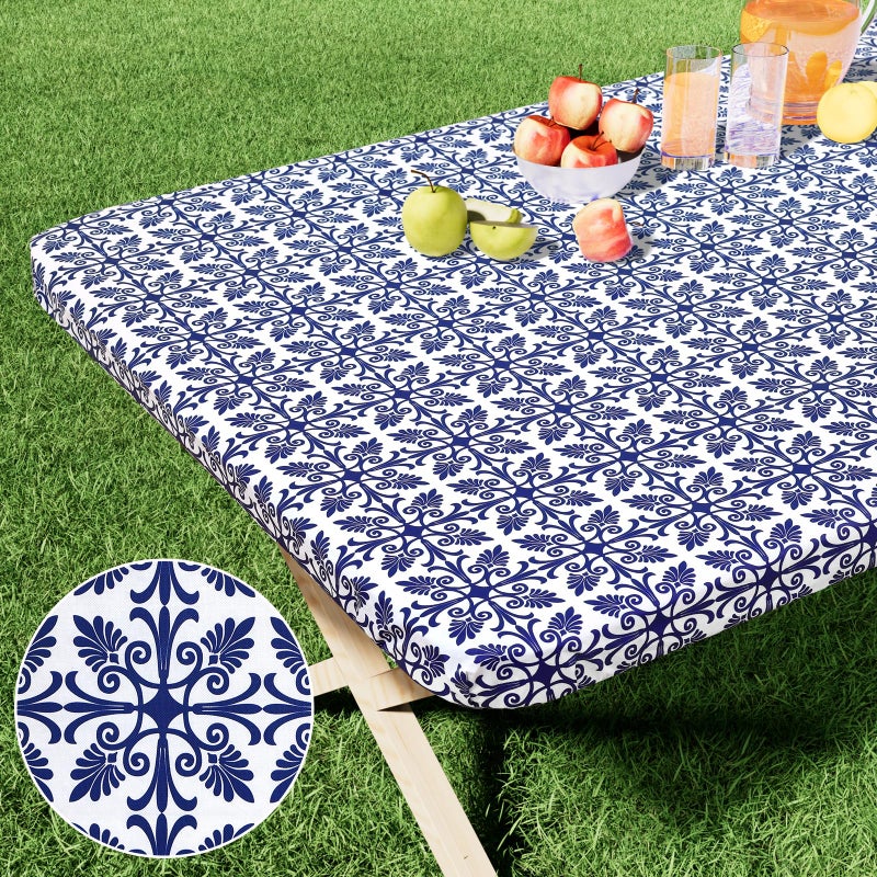 misaya Rectangle Vinyl Table Cloth Elastic Fitted Flannel Backed Tablecloth 100 Waterproof Plastic Table Cover Fits 6 Foot Folding Tables for Picnic Camping Outdoor Navy Blue 30 x 72