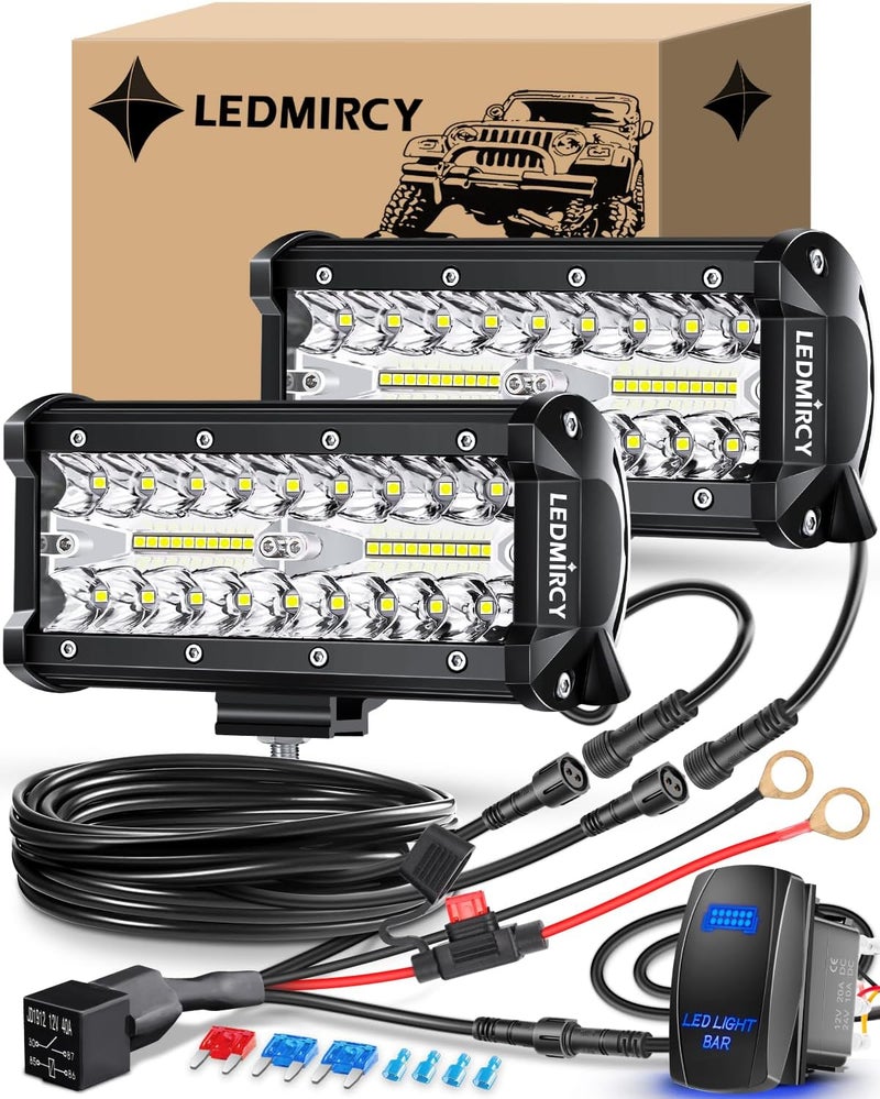 LEDMIRCY 7 Inch LED Light Bar Kit with Rocker Switch Wiring Harness - 2PCS LED Pod Lights with Triple Rows White Spot Flood Combo Beam for Off Road Use - Image 1