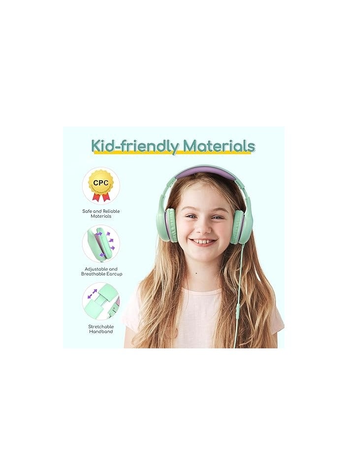 EarFun Kids Headphones with Mic for Boys/Girls, Over Ear HD Wired Headphones for Children, 85/94dB Volume Limiter, Sharing Port, Foldable On Ear Headsets for School/Pad/PC/Travel (Green&Violet) - Image 2