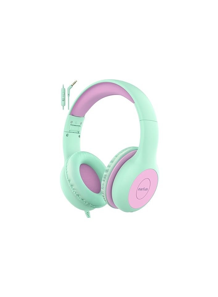 EarFun Kids Headphones with Mic for Boys/Girls, Over Ear HD Wired Headphones for Children, 85/94dB Volume Limiter, Sharing Port, Foldable On Ear Headsets for School/Pad/PC/Travel (Green&Violet) - Image 1