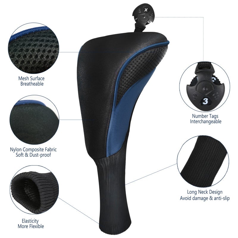 lurexes Golf Club Head Covers for Fairway Woods Driver Hybrids 3 Pieces Long Neck Mesh Sports Fan Golf Club Headcovers Set with Interchangeable No. Tags 3 4 5 6 7 X Golf Accessories for Men Women (Black Blue) - Image 3