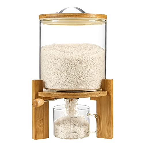 Vuinop Rice Dispenser, Rice Storage Container：Flour and Cereal Container with Airtight Lid and Wooden Stand, Glass Food Storge Container for Kitchen Organization and Pantry Store (5L) - Image 1