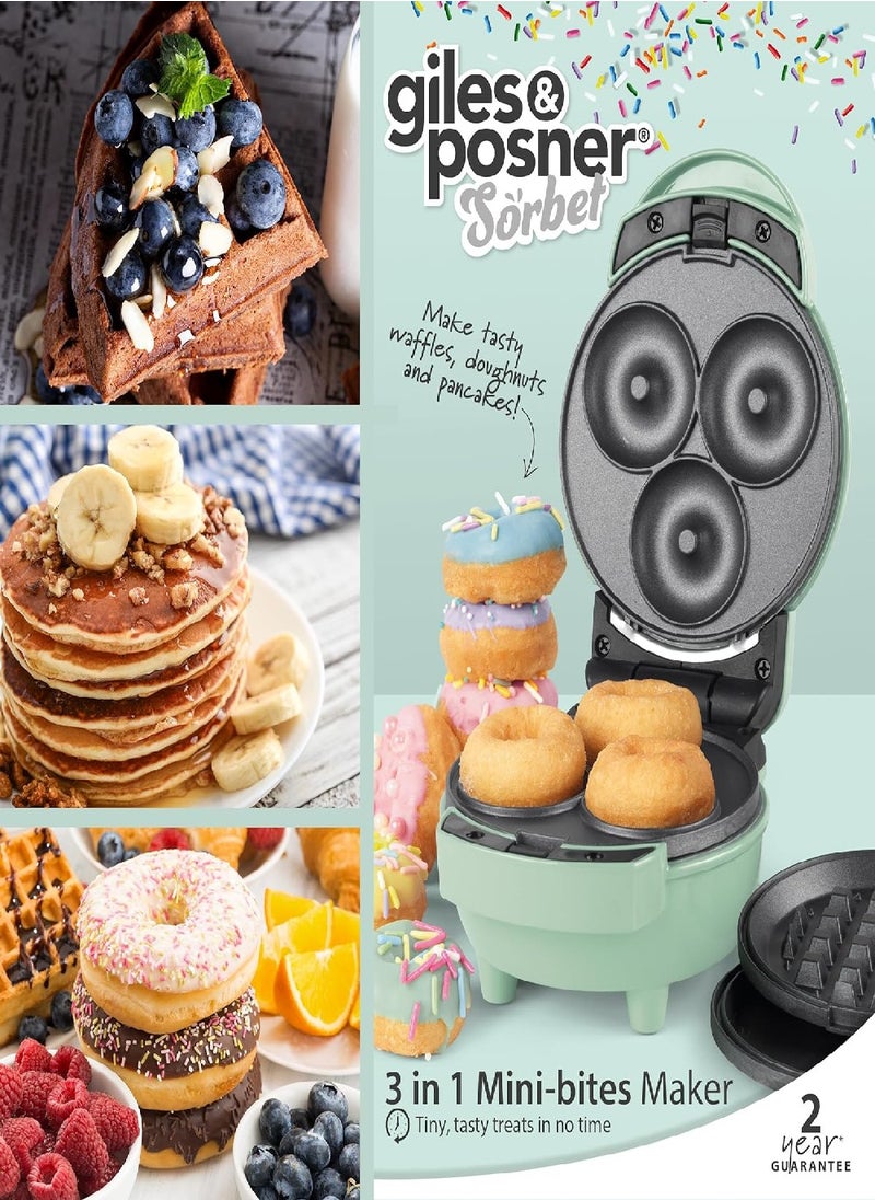 Giles & Posner - Giles & Posner EK5535GSGR 3 in 1 Mini-Bites Maker - Non-Stick Cooking Plates, Doughnut, Waffle, and Pancake Maker, 3 Minute Pre-Heat time, Non-Slip Feet, Easy to Clean, Ready Indicator Lights, 400W - Image 1