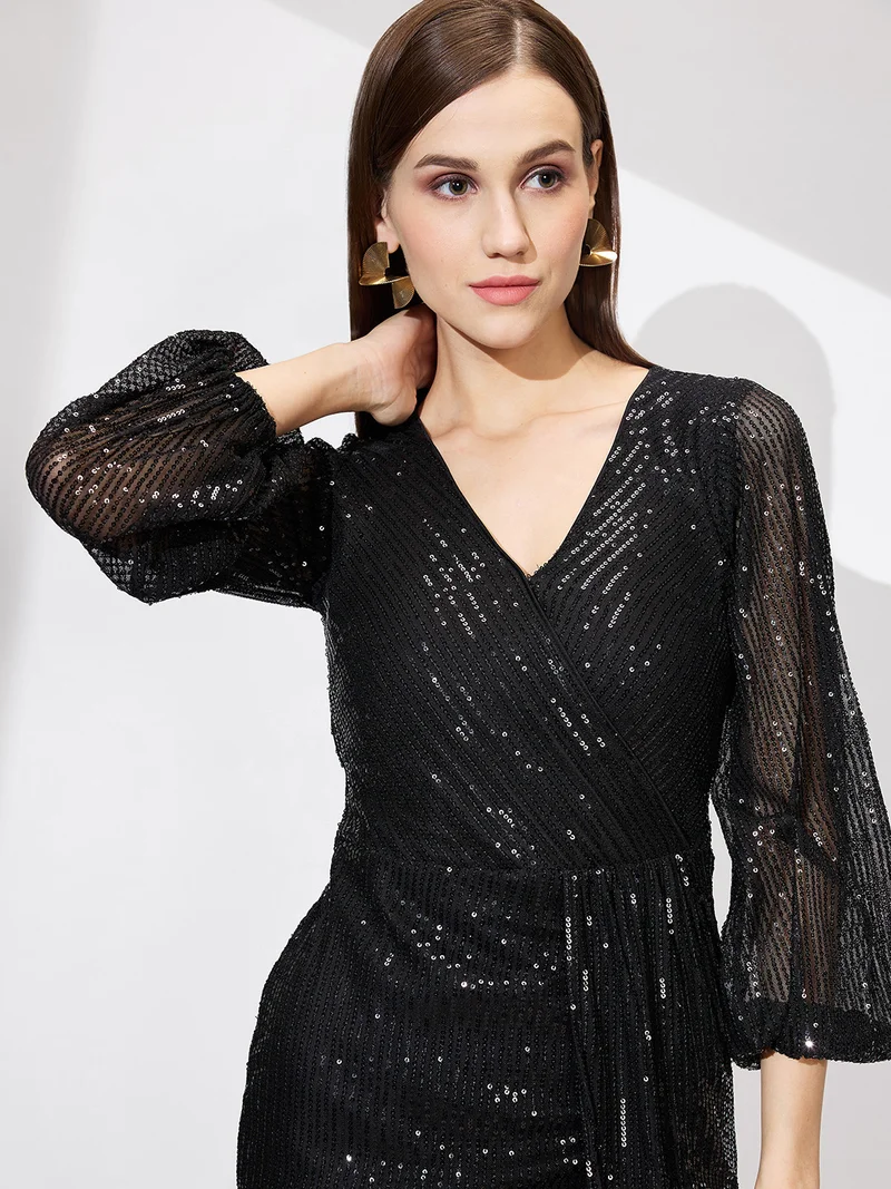 globus Women Sequin Embellished Wrap Neck Mini Sheath Dress