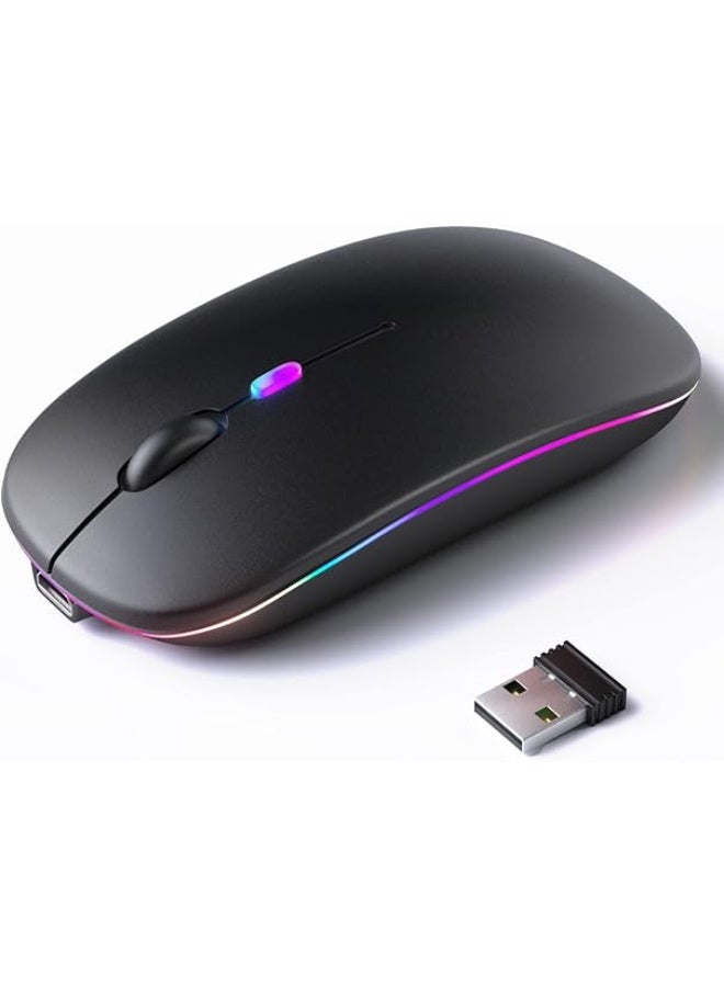 Wireless Bluetooth Rechargeable Mouse, Dual Mode with LED Light, Silent Click, Black, with USB Receiver & Bluetooth 5.2, for Laptop, Desktop, Tablet - Image 1