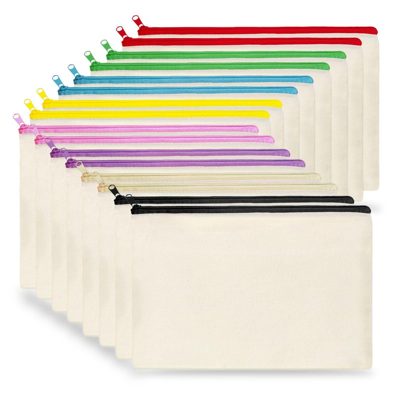 Koolmox Small Cosmetic Bag 16 Pcs Canvas Pouch with Zipper of 8 Colors 8x5 Blank Cotton Bags for Embroidery Tie Dye Marker Circuit Projects Christmas Gifts Travel Bags for Pen Pencil