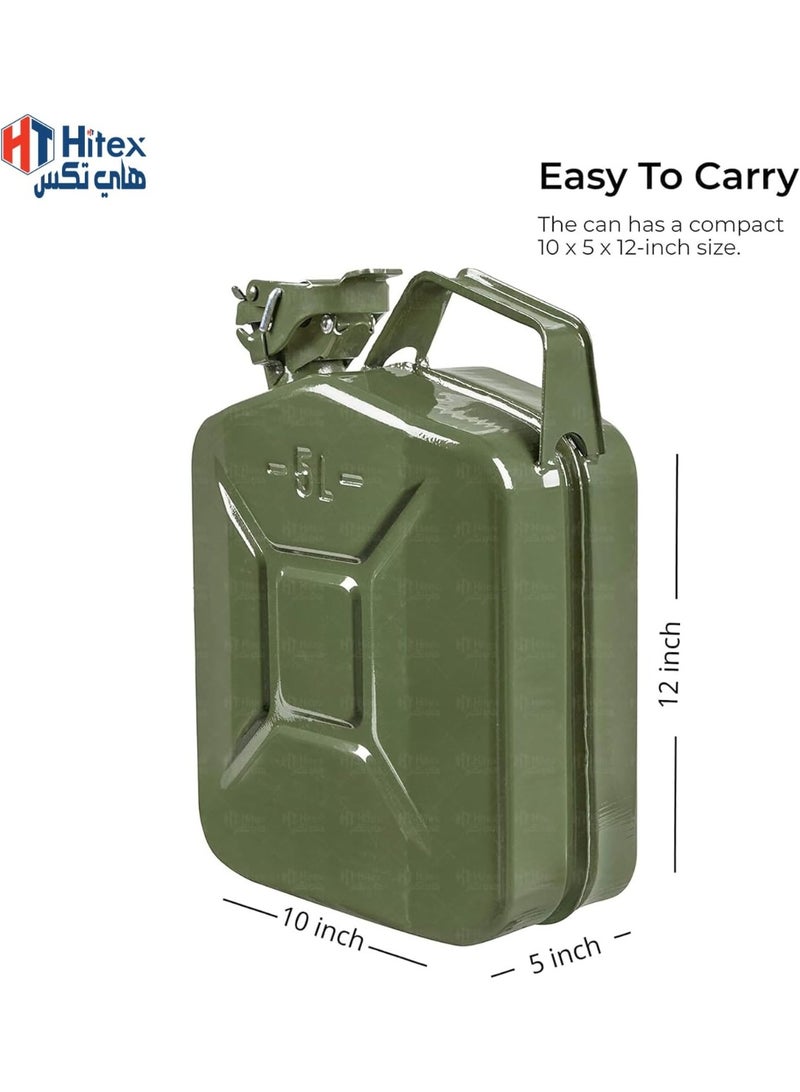 Hitex Metal Jerry Can – Fuel Storage Container for Petrol, Diesel, or Water – Steel with Flexible Metal Spout – Green – Made in Taiwan (5 L) - Image 2