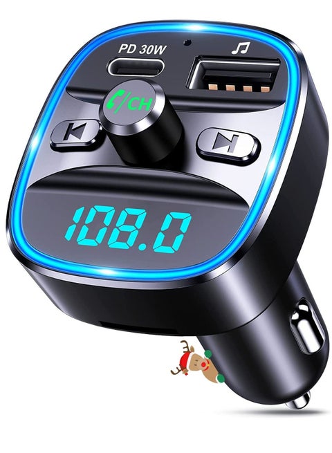 Bluetooth FM Transmitter for Car, [Upgraded Type-C] PD 30W Quick Charging Bluetooth Car Adapter with Hands-Free Calling, Wireless FM Radio Receiver Music Player/Car Kit Support SD Card & USB