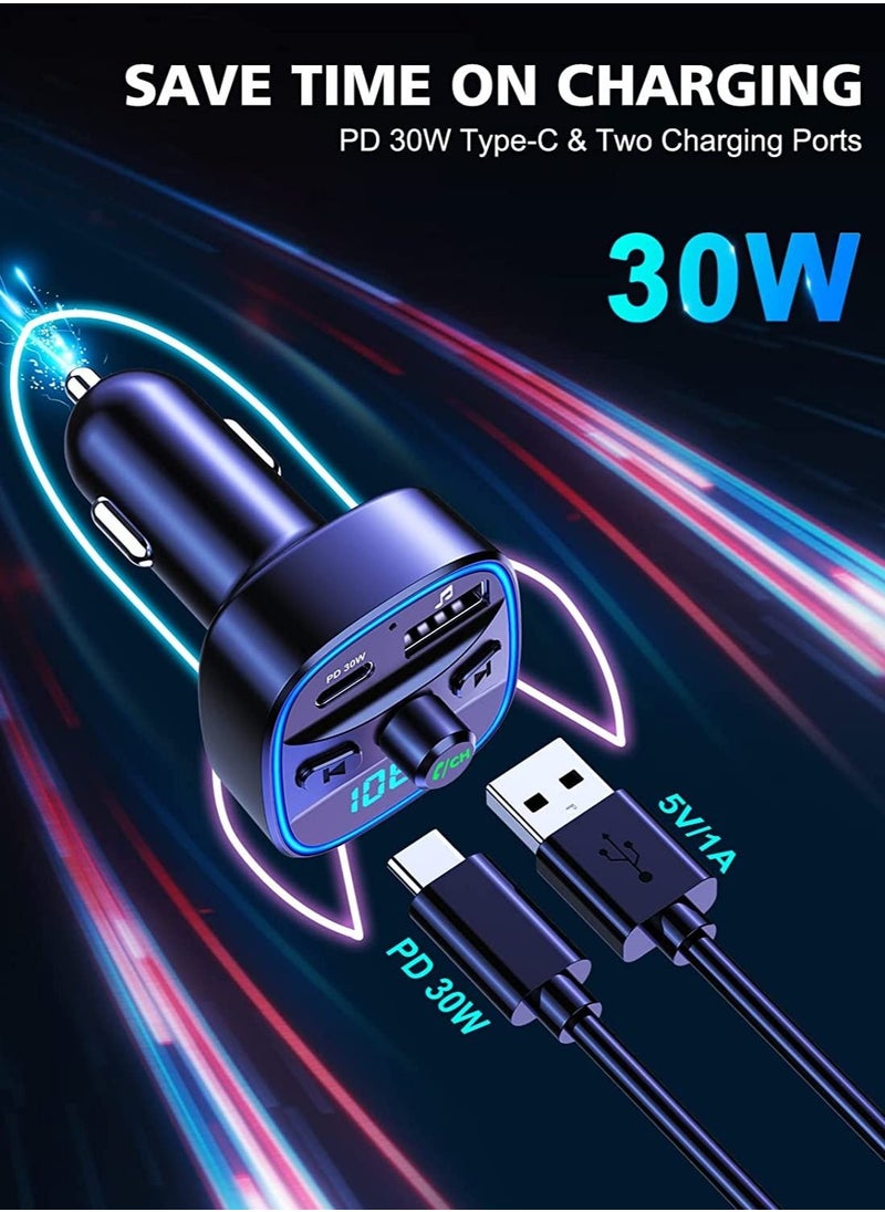 Digitplus - Bluetooth FM Transmitter for Car, [Upgraded Type-C] PD 30W Quick Charging Bluetooth Car Adapter with Hands-Free Calling, Wireless FM Radio Receiver Music Player/Car Kit Support SD Card & USB - Image 1