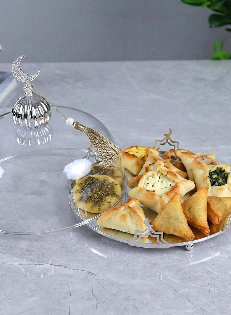 AL Hadaya Mall Round Serving Bowl with Acrylic Dome Lid & Base – Silver (26×26×21 cm) - Image 2