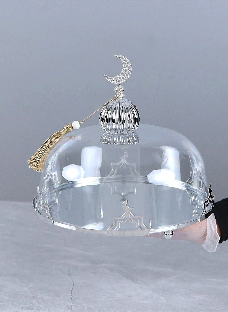 AL Hadaya Mall Round Serving Bowl with Acrylic Dome Lid & Base – Silver (26×26×21 cm) - Image 1