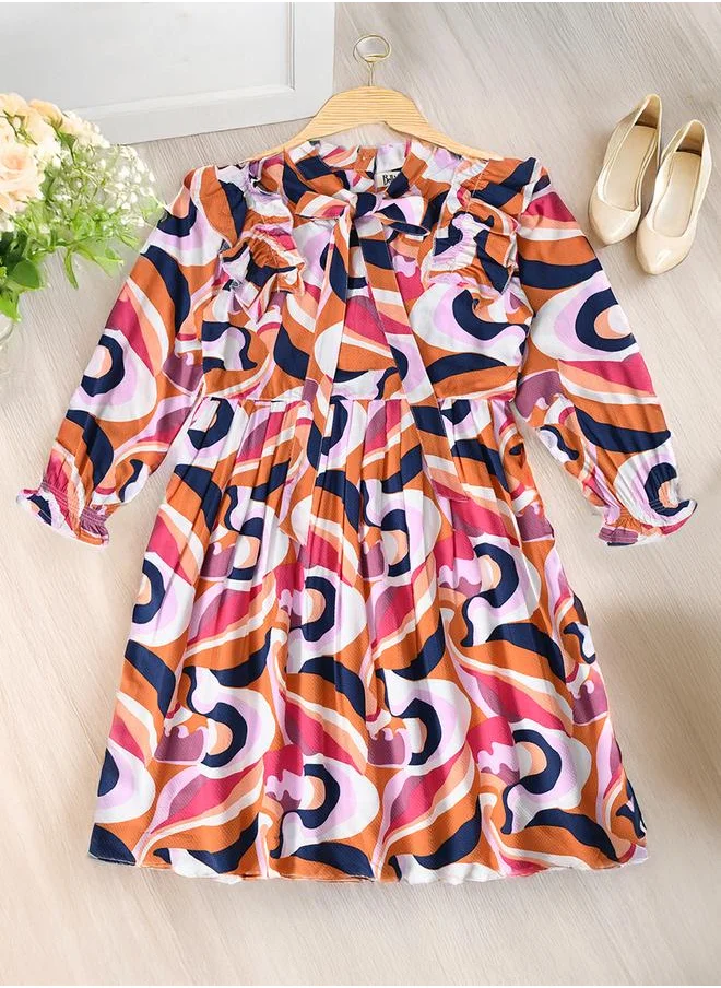 BELLA MODA Bella Moda All-Over Print Tie-Up Neck Pleated Dress with 3/4 Sleeves