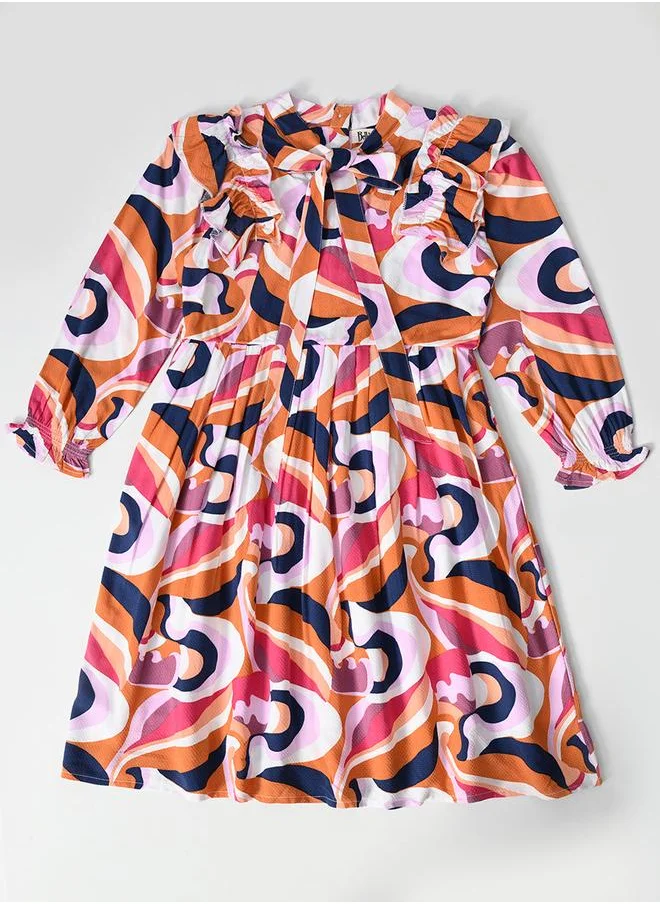 BELLA MODA Bella Moda All-Over Print Tie-Up Neck Pleated Dress with 3/4 Sleeves