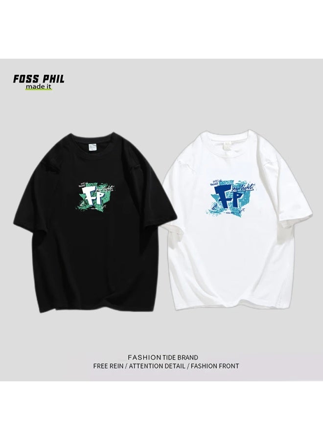 Foss Phil Short Sleeve T-shirt Men's And Women's Summer Pure Cotton Loose Trendy All-match Printed Bottoming Shirt Men's Clothing Dt05 White 2XL - Image 4