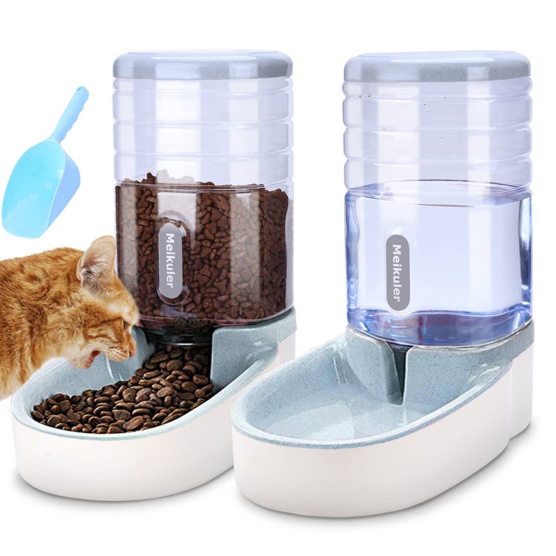 Meikuler Automatic Dog Cat Feeder and Water Dispenser SetWaterer and Gravity Food Feeder for Small Medium Dogs Cats PuppiesLarge Capacity 1 Gallon x 2 Grey