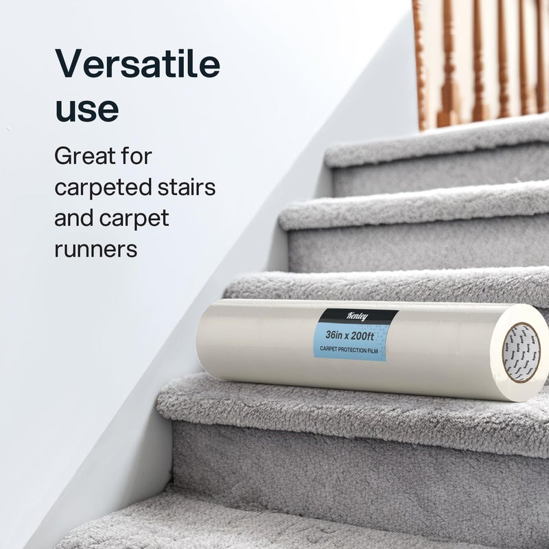 Kenley Carpet Protection Film - Self Adhesive Plastic Carpet Protector Film - Heavy Duty Shield Covering for Stairs Floor Runner Surface - Puncture & Water Resistant Sticky Protection Roll (36"x200') - Image 4