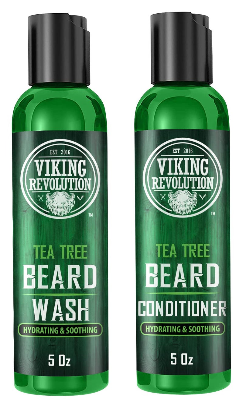 Viking Revolution Tea Tree Beard Wash and Conditioner Set for Men Natural Beard Softener with Argan Oil Vitamin E and Ginseng 5 Oz