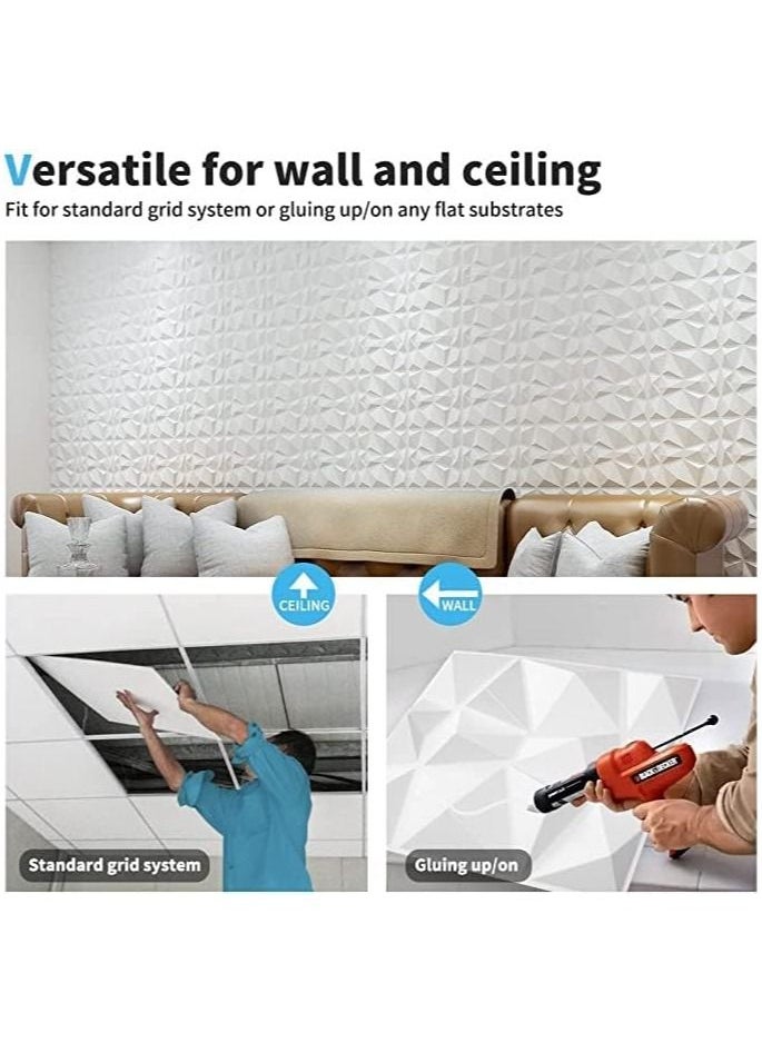RATSAW - 12 Pieces 3D Wall Panels, 3D Texture PVC Wallpaper, Diamond Design Decorative Wall Cover PVC Material Each 30x30cm White - Image 1
