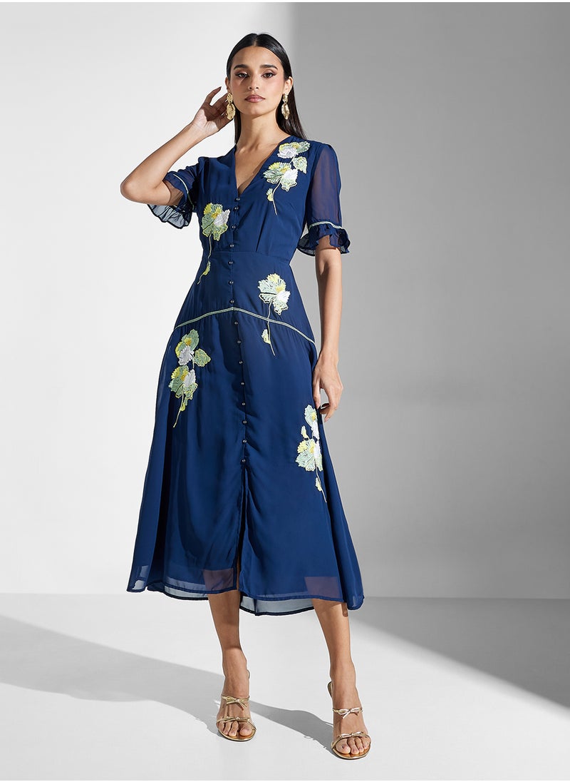 Hope & Ivy - Embroidered V-Neck Midi Tea Dress - Image 1