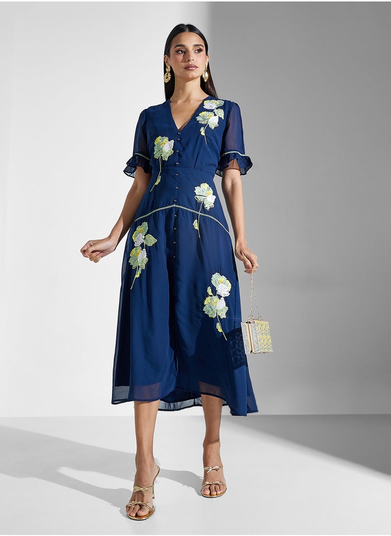 Hope & Ivy - Embroidered V-Neck Midi Tea Dress - Image 1
