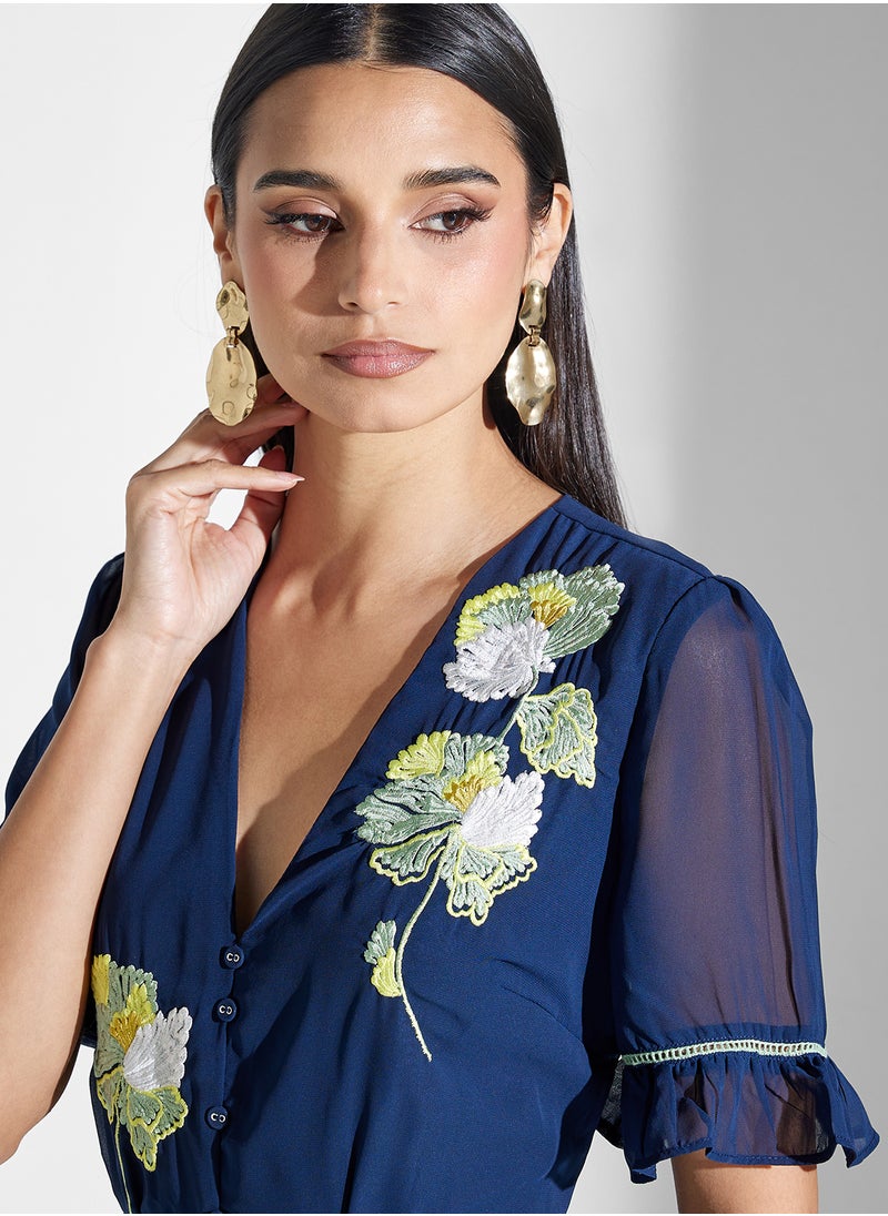 Hope & Ivy - Embroidered V-Neck Midi Tea Dress - Image 1