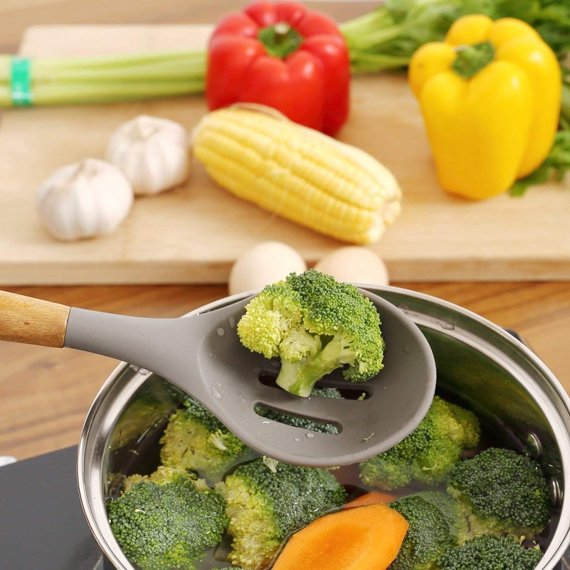 Kienlix Silicone Cooking Utensils Set Safety Food Grade Silicone BPA Free NonStick Silicone Utensil Set Wooden HandleHeat Resistant Silicone Kitchen Utensils Set - Image 3