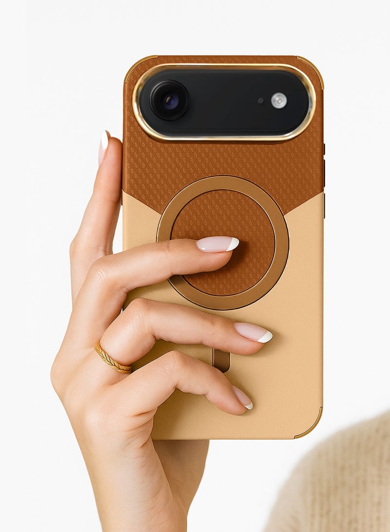 Wtech Apple iPhone Air 5G 2025 Luxury Double Color Leather Magsafe Magnetic Protective Case Cover (MCMPMN) - Brown/Gold - Image 2