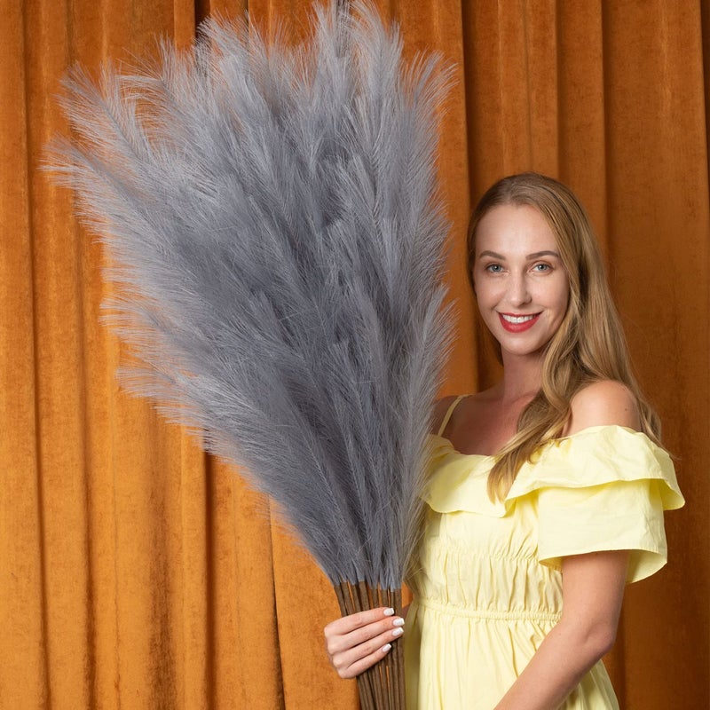 EVODIS Faux Pampas Grass 6 Stems Artificial Pampas Grass  4336FT Total Extra Large Pompass Grass Tall Pompous Boho Flower Arrangement and Floor Vase Filler Home Decor for Room Wedding Party Grey 