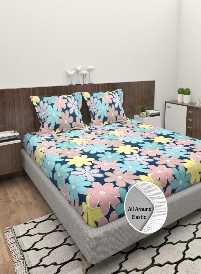 EVERLUSH Cotton Feel Glace Cotton 320 TC Elastic Fitted Floral Bedsheets King Size | Super Soft All Around Elastic Fitted Bedsheet for Double Bed King Size with 2 Pillow Covers (72x78x8 Inch) Multi - Image 1